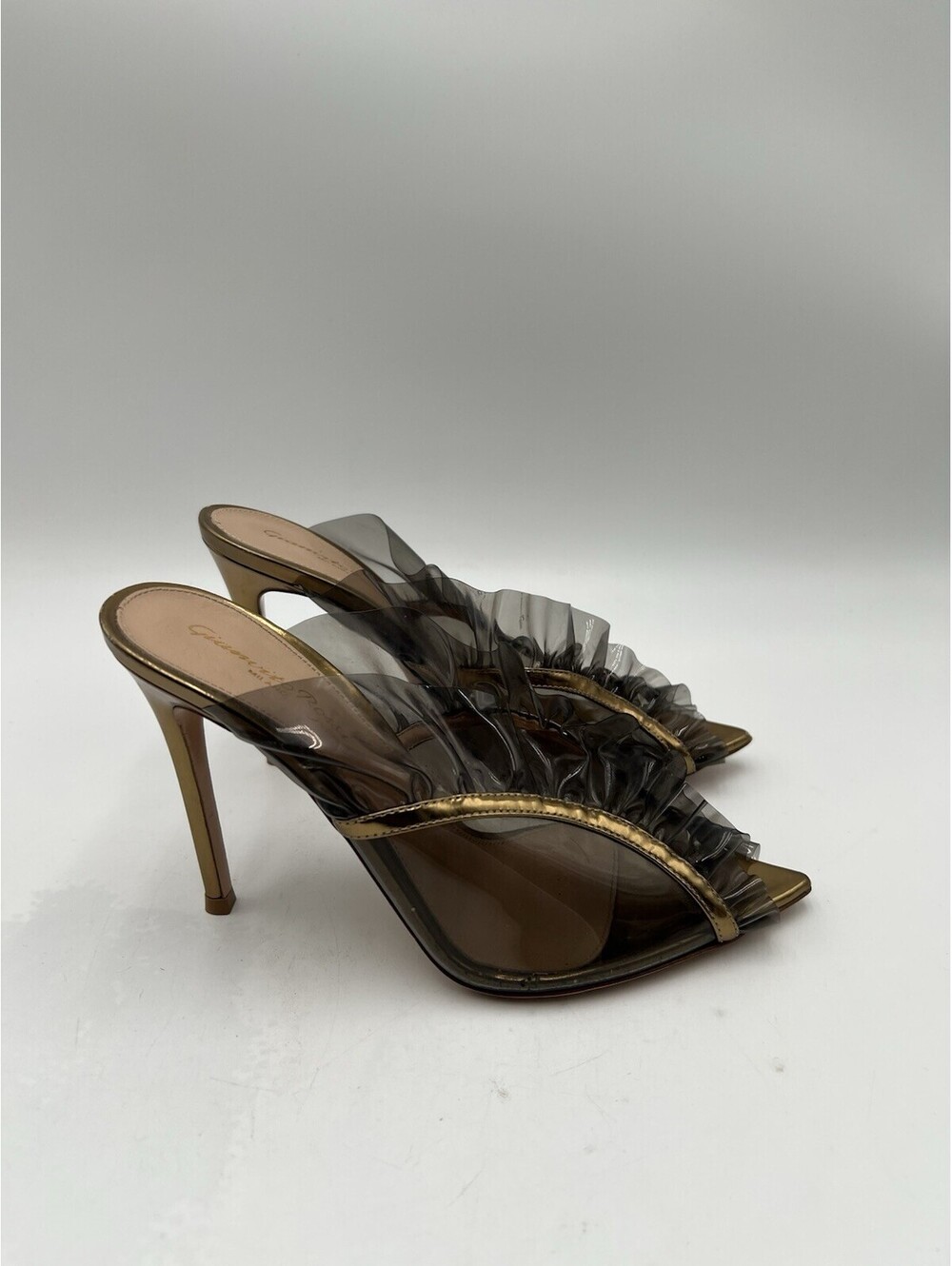 Gianvito Rossi Plexi ruffle stiletto mules metallic gold / PVC Clear Size 37.5